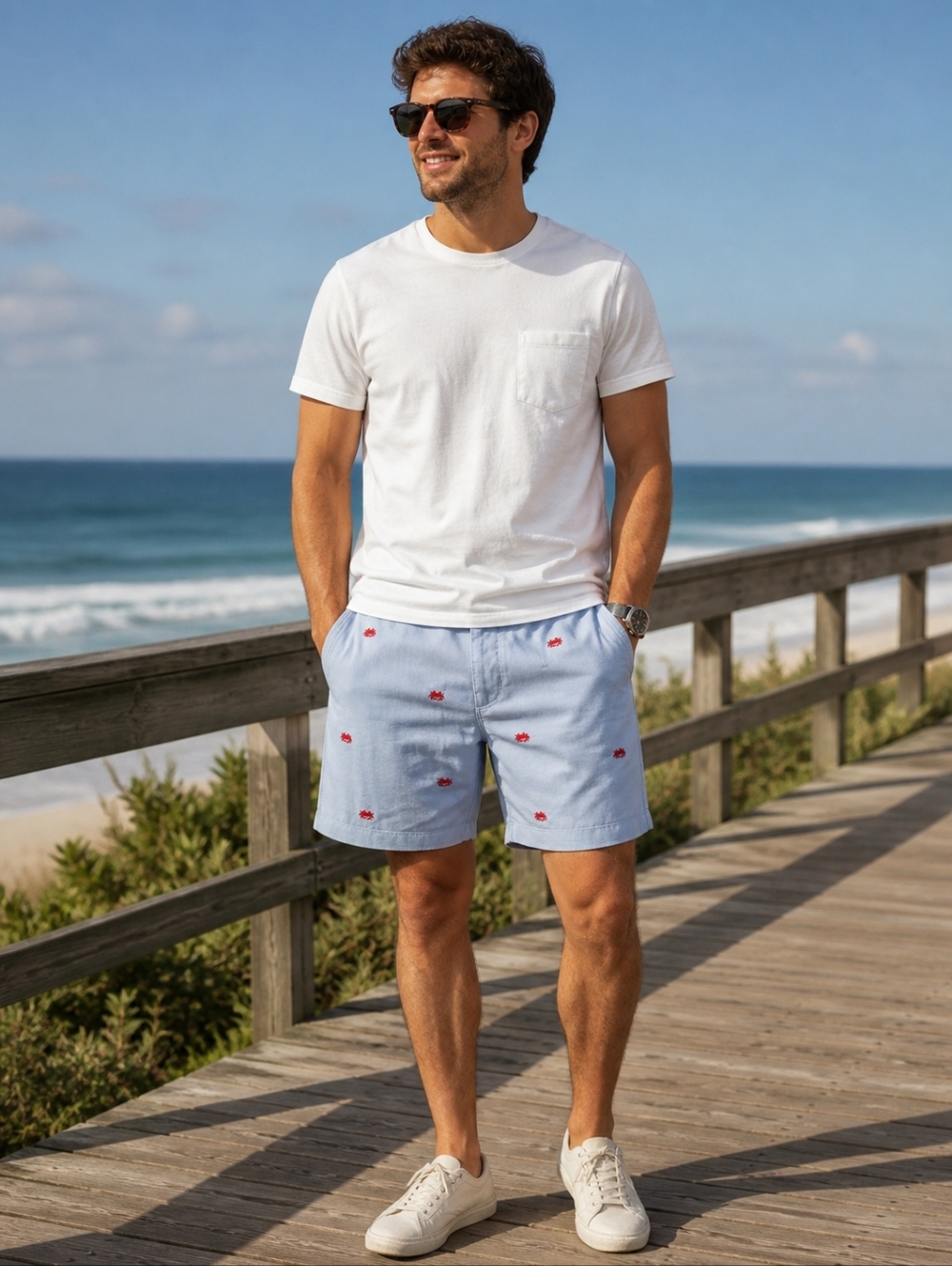 J Crew Men's Light Blue Crabs Sunwashed Oxford Cotton Shorts 35" Waist 8" Inseam